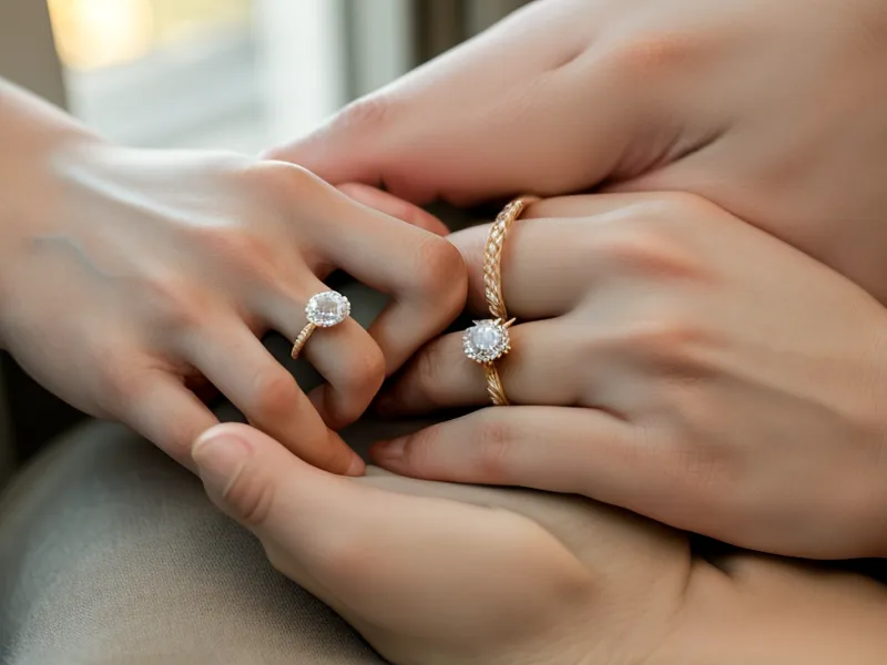 Diamond ring in yellow gold held up to natural sunlight