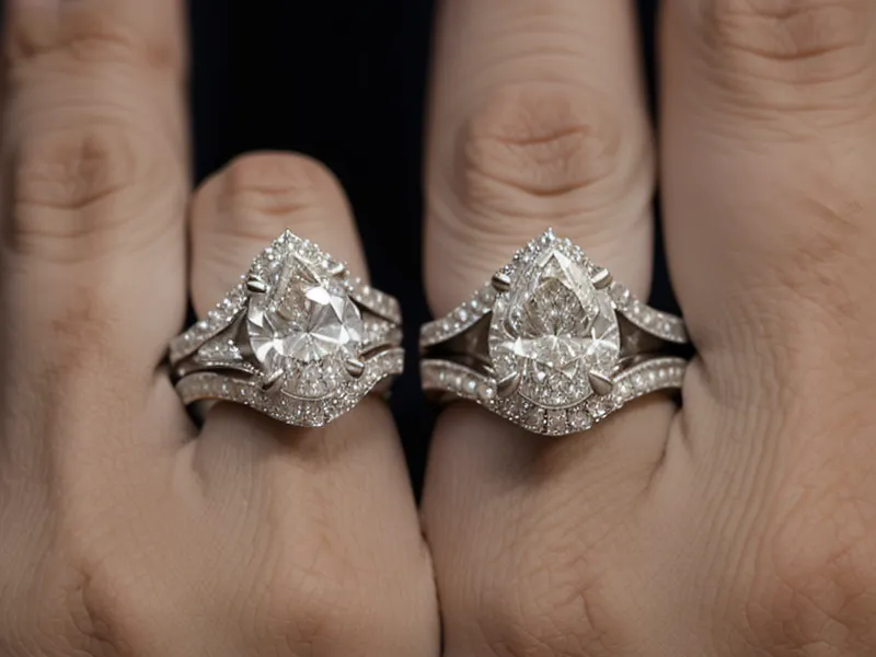 Close-up of pear and oval shaped diamond rings showing elongated silhouettes.