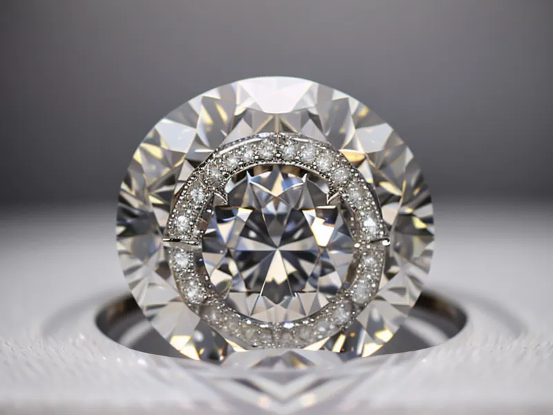 A large round brilliant diamond ring on a slender display holder.