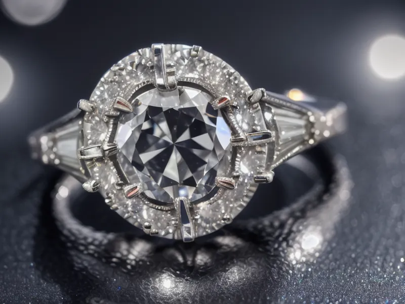 A jeweler's loupe next to a secure 6-prong diamond engagement ring.