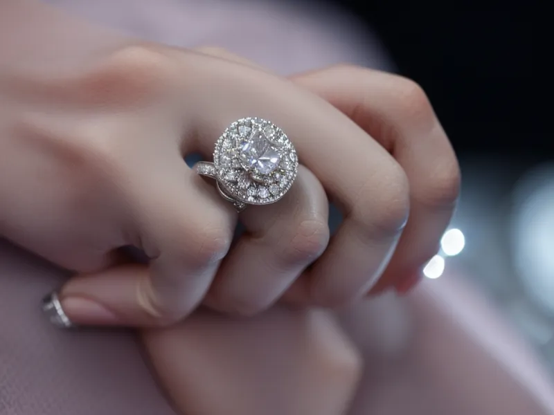 Close-up of a diamond ring being inspected with a jeweler's loupe.