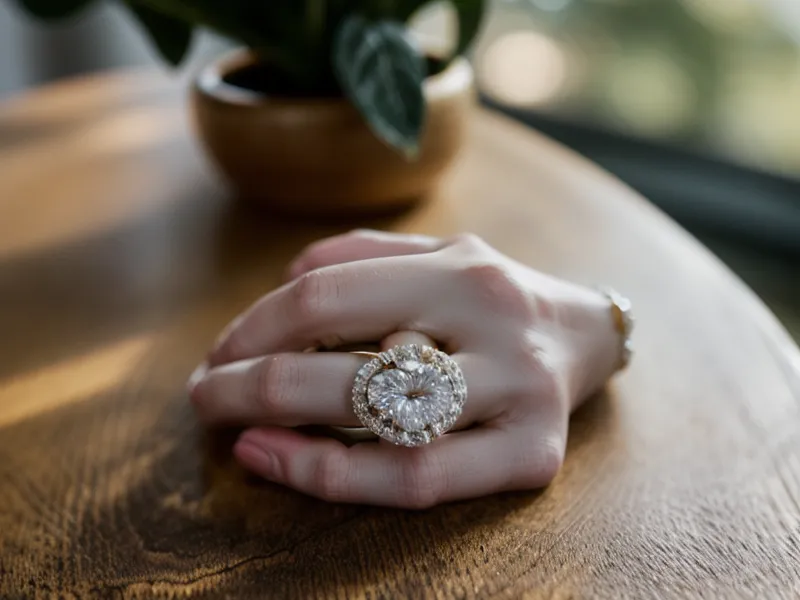 A woman wearing a large oval diamond engagement ring at a cafe.