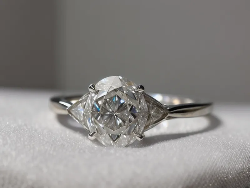 Close-up inspection of a lab-grown diamond engagement ring under a jeweler's loupe before buying