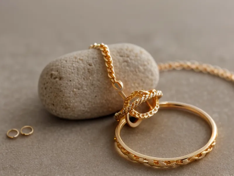 Two gold chains of different lengths draped on a wooden stand