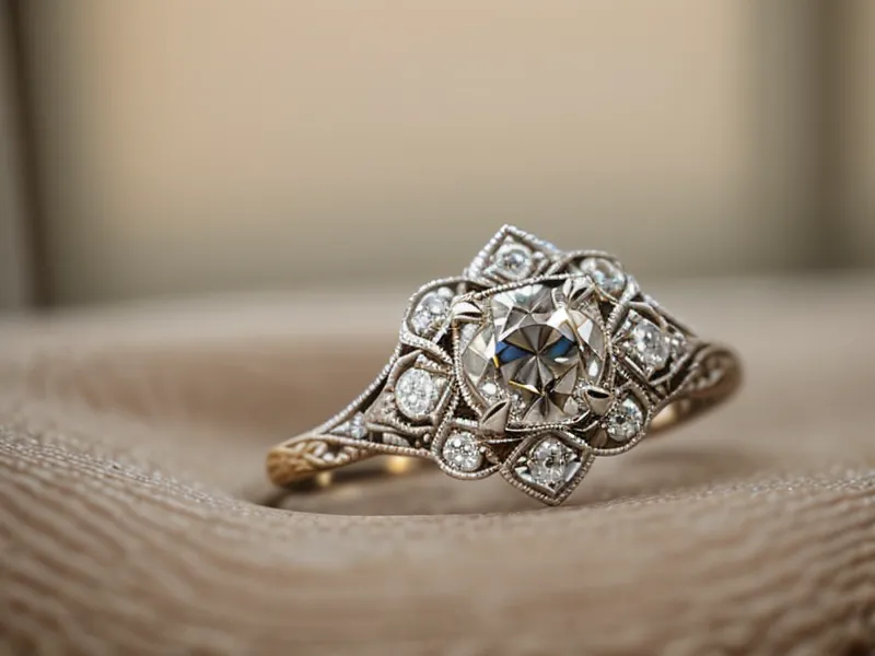 Close-up detail of milgrain and geometric patterns on a vintage platinum ring
