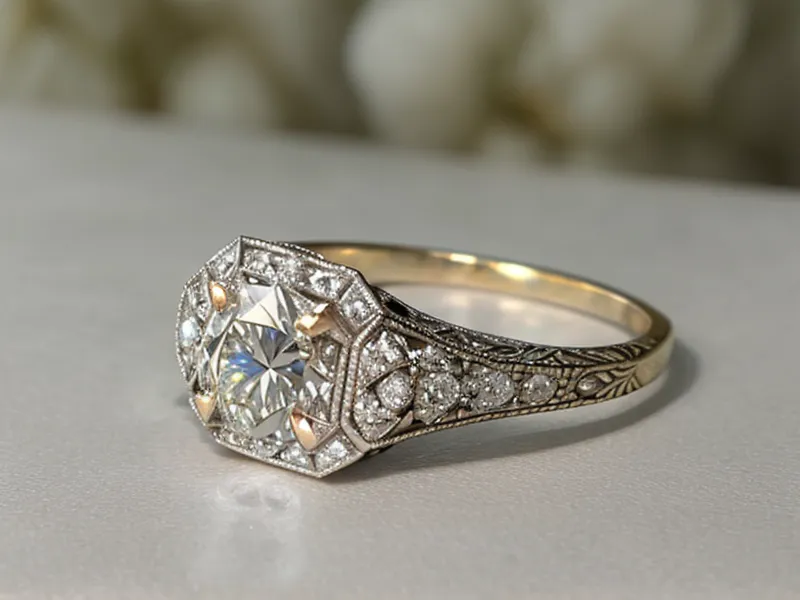 A jeweler's loupe examining the facets of an estate diamond engagement ring
