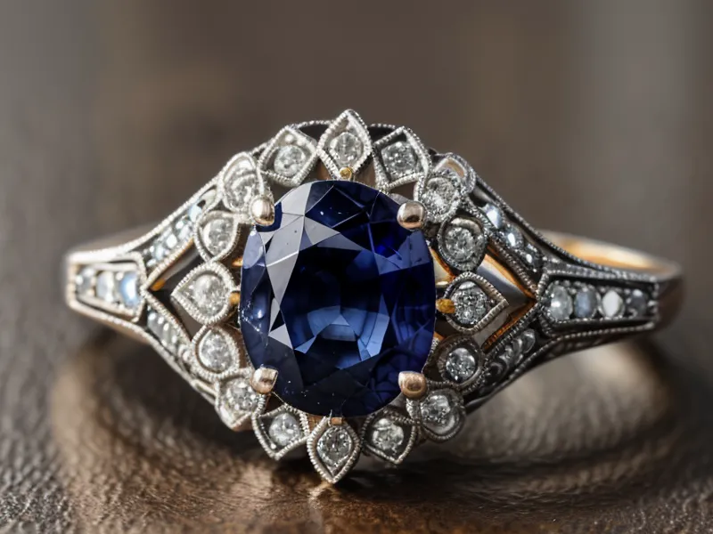 A vintage sapphire and diamond ring in an old velvet box on a wooden table
