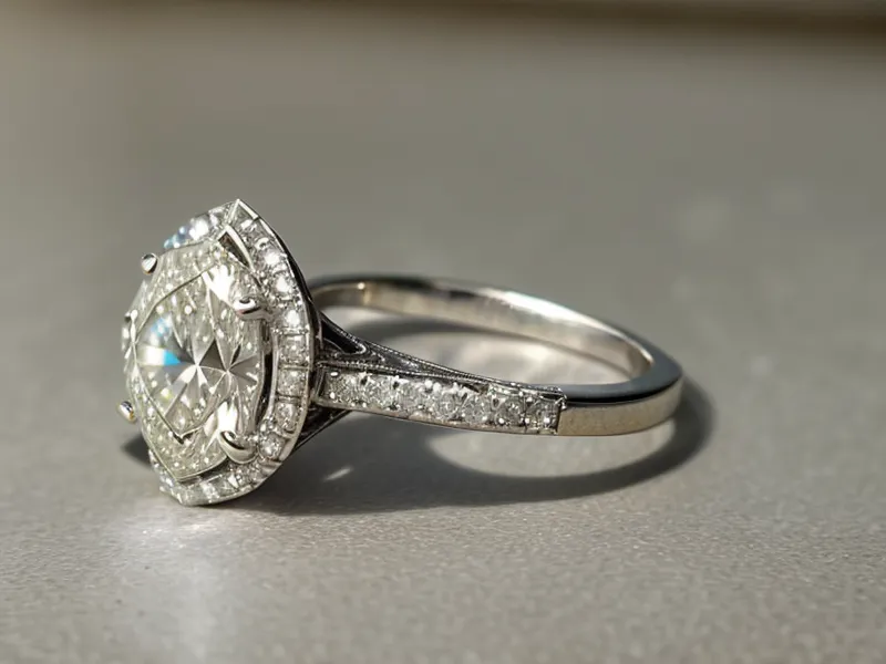 Hand holding a lab-grown diamond engagement ring up to natural light to check eye-clean clarity