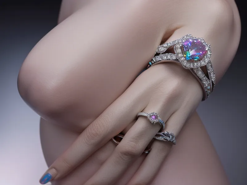 Close-up of a diamond ring sparkling under intense jewelry store showroom lighting.