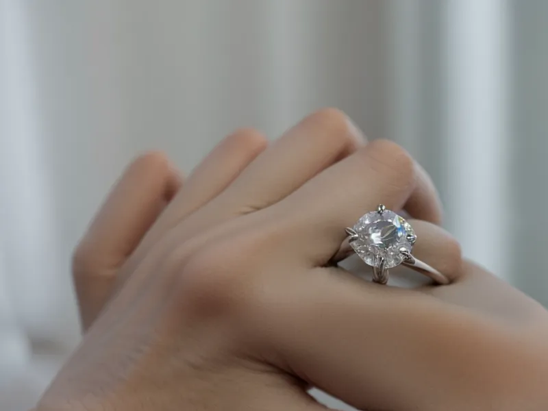A classic round brilliant solitaire diamond ring on a white marble surface.