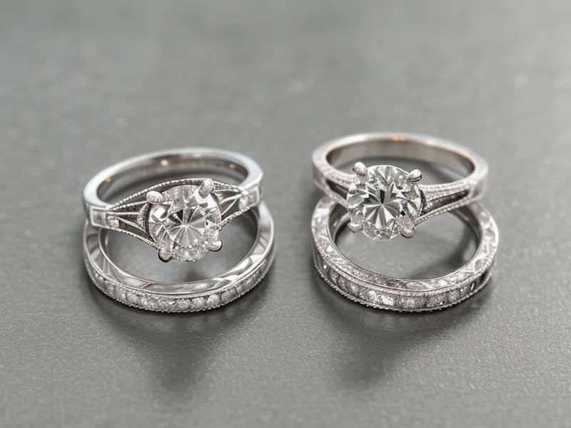 Two gold rings side by side on a linen cloth showing metal textures.