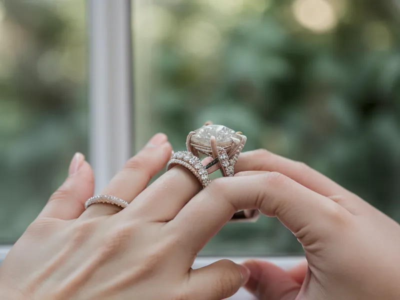 An oval cut diamond engagement ring inside a sage green velvet box.