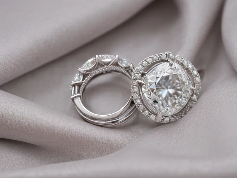 Diamond ring held by tweezers for inspection on a clean background.
