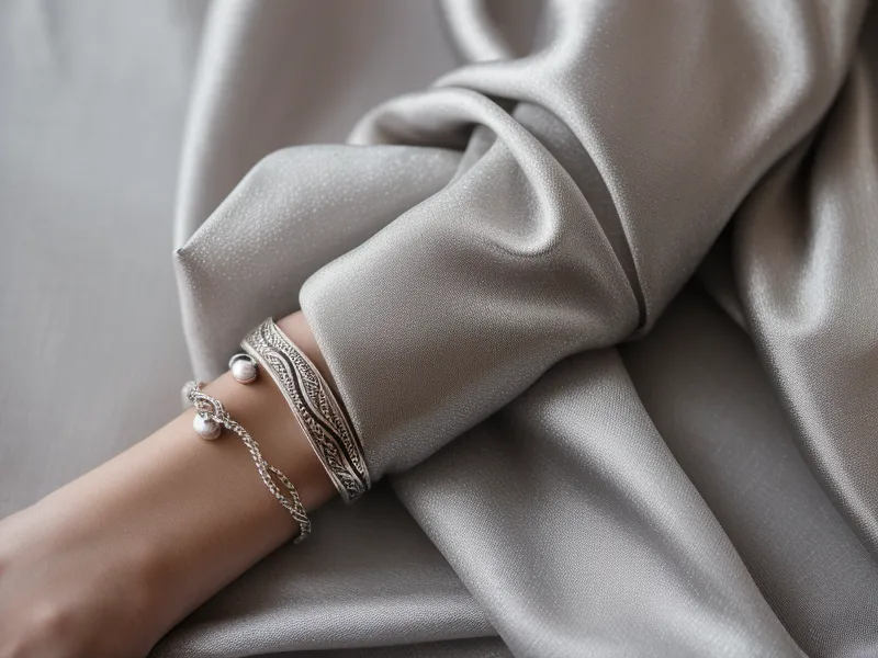 A silver bracelet next to a perfume bottle on a vanity