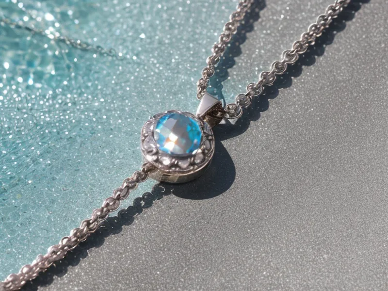 Silver necklace resting near pool water showing the risk of chlorine exposure