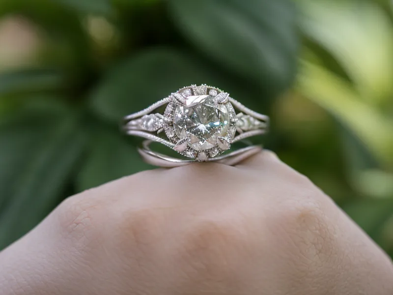 Close-up facet pattern on a lab-grown diamond engagement ring, used to compare light performance against mined stones