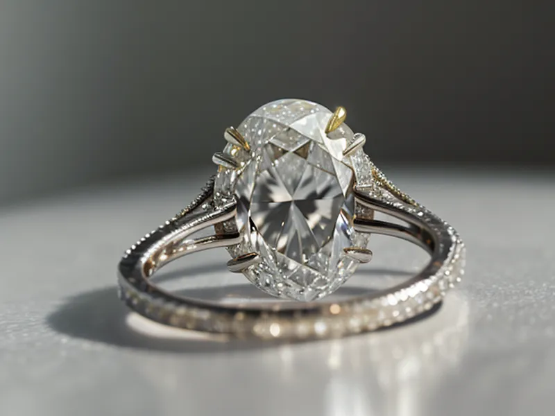 Macro view of an oval diamond held in tweezers showing facet detail.
