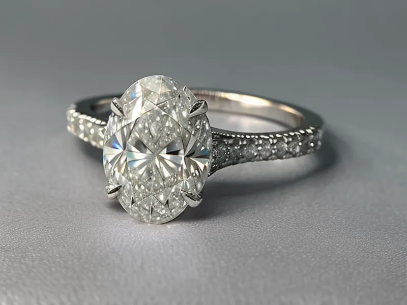 A gold oval engagement ring sitting in a velvet box on a cafe table.