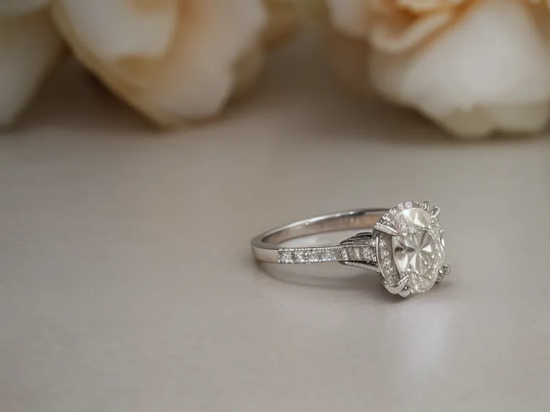 Close-up of a six-prong engagement ring setting showing the metal detail.