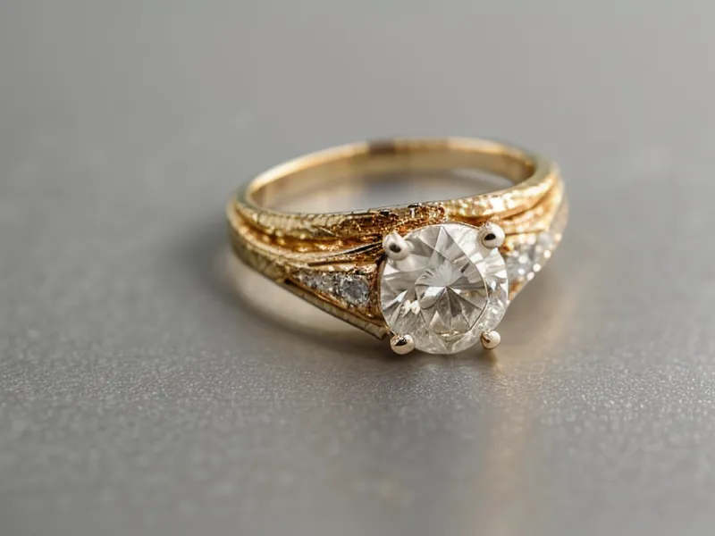 A clean, sparkling diamond ring reflecting light on a bright surface.