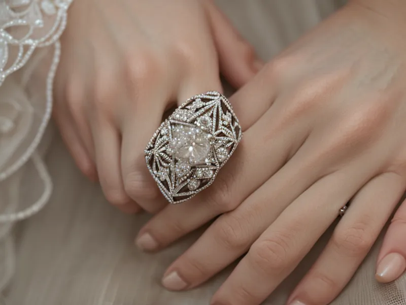 Two nearly identical engagement rings on a marble surface, one set with a lab-grown diamond and one with a natural diamond