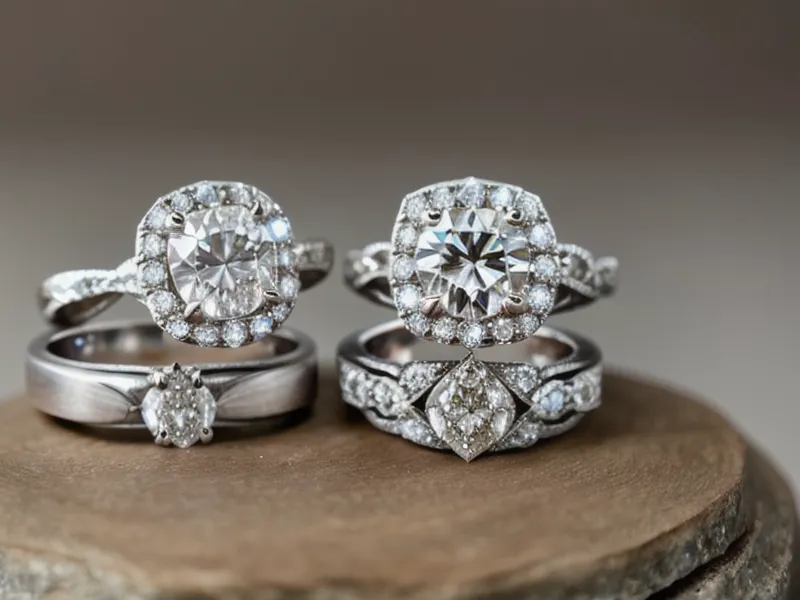 Two lab-grown diamond rings side by side on a wooden surface