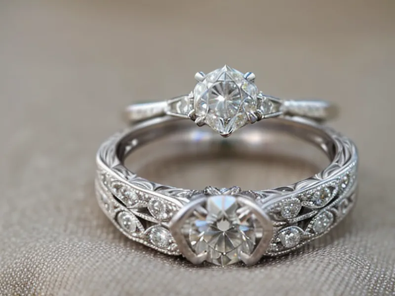 Close-up of a diamond ring sparkling under bright jewelry store showroom lights.