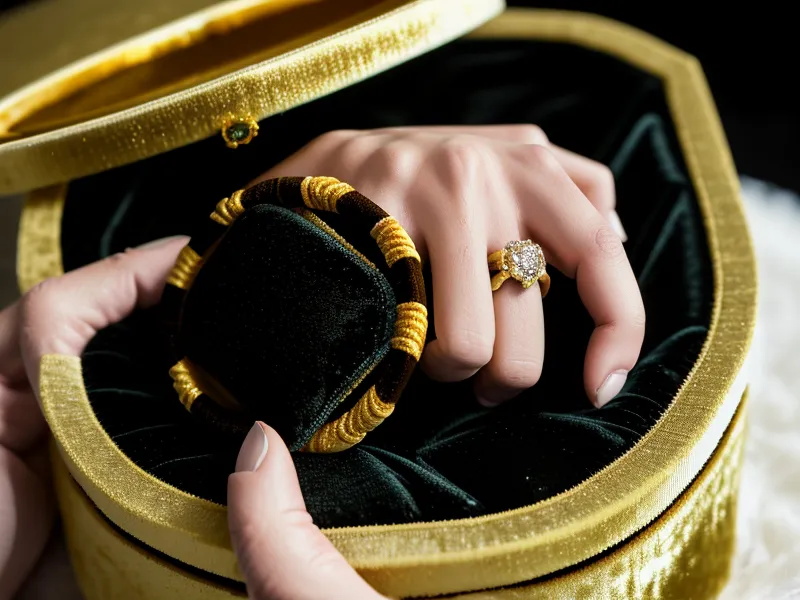 A close-up of a velvet engagement ring box being closed.