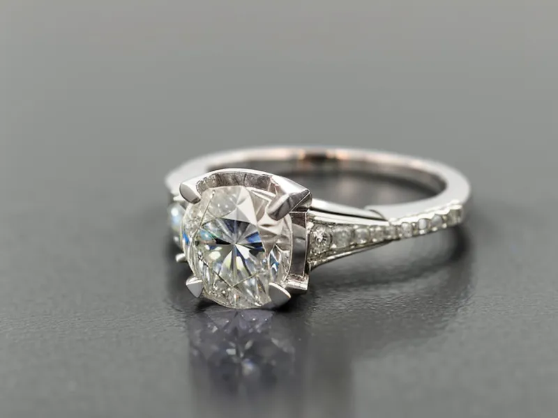 Close up of a diamond ring sparkling under bright artificial jewelry store lighting.