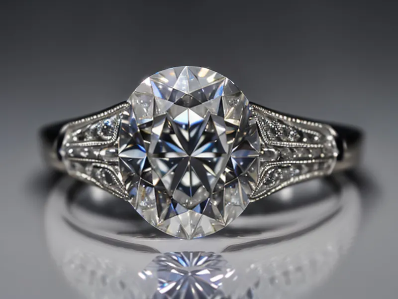 A diamond ring being inspected through a jeweler's loupe.