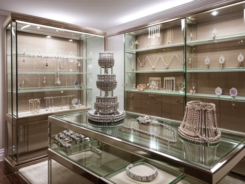 A bright jewelry showroom display case filled with engagement rings.