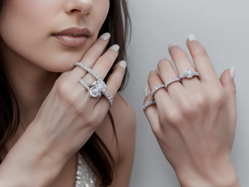 Two diamond engagement rings side by side on a marble surface.