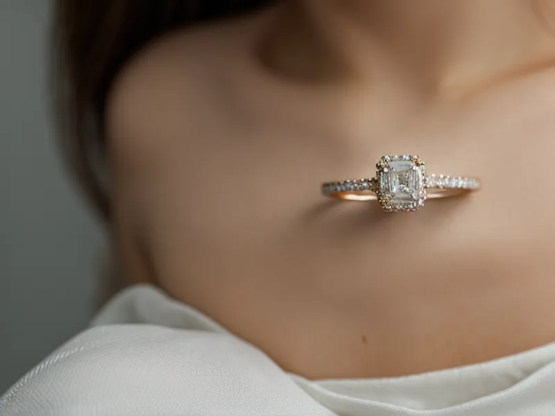 Diamond facets on a custom engagement ring examined closely through a jeweler's loupe