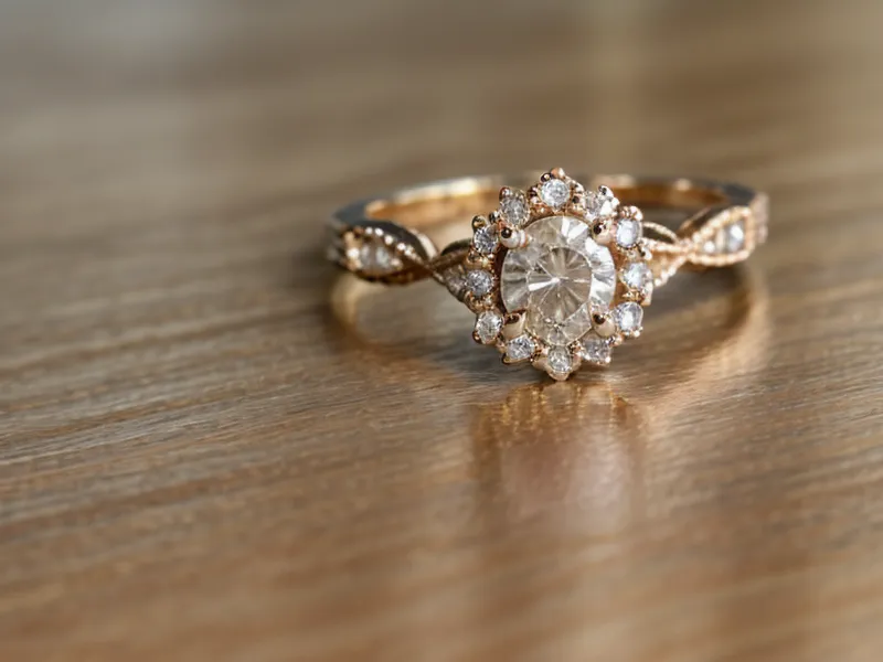 Gold custom engagement ring next to hand-drawn design sketches for a Kay Jewelers order