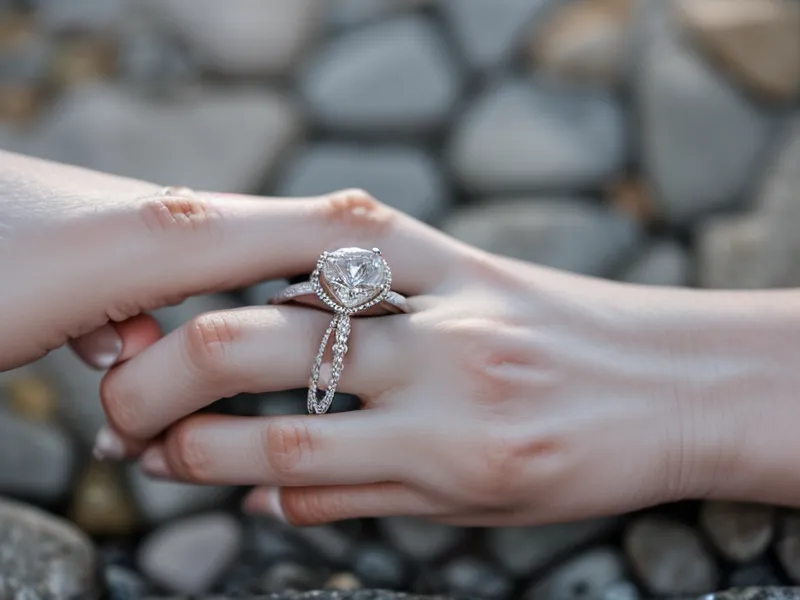 A delicate custom engagement ring held up outdoors in Charleston after finishing online and in-store shopping