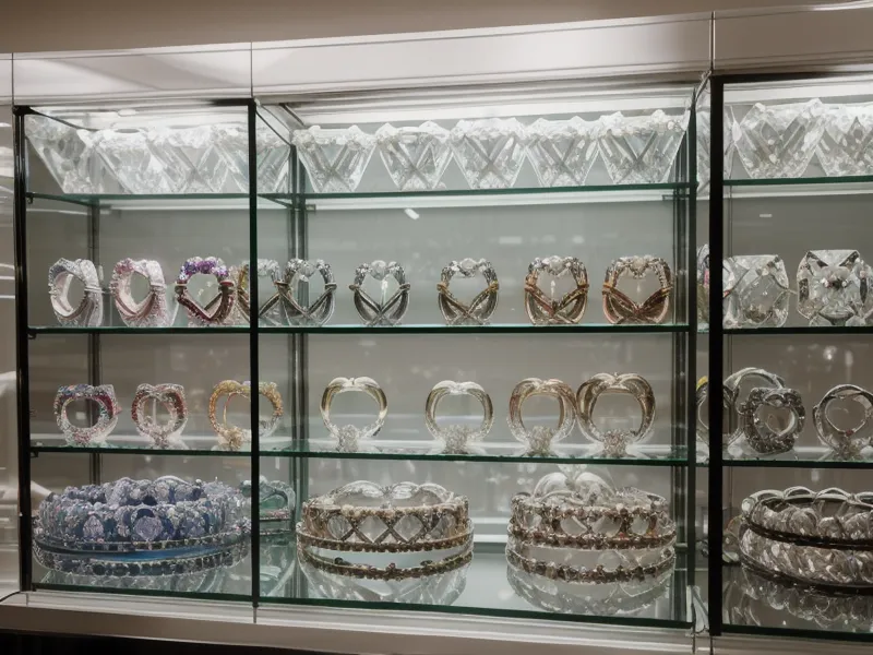 A jewelry store display case under bright LED showroom lighting designed to make diamonds look flawless.
