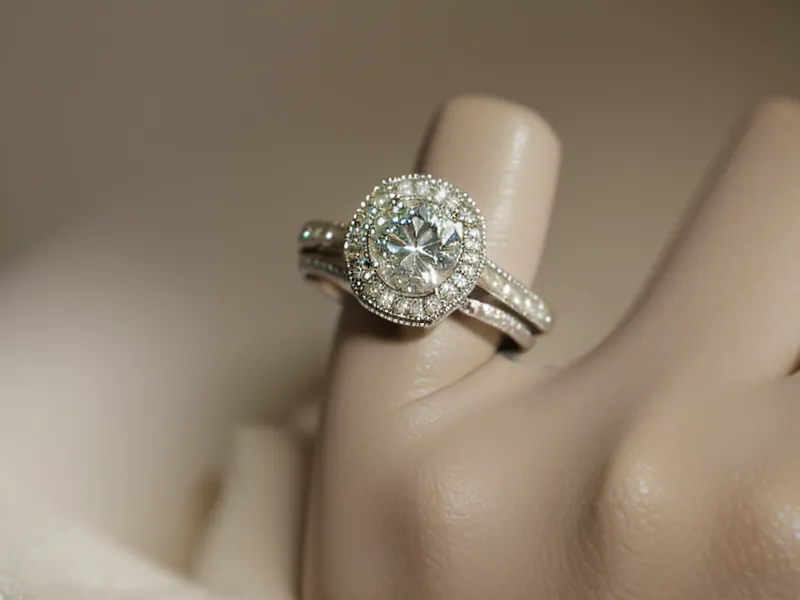 Jeweler's 10x loupe next to a diamond engagement ring on a velvet tray during a jewelry store review