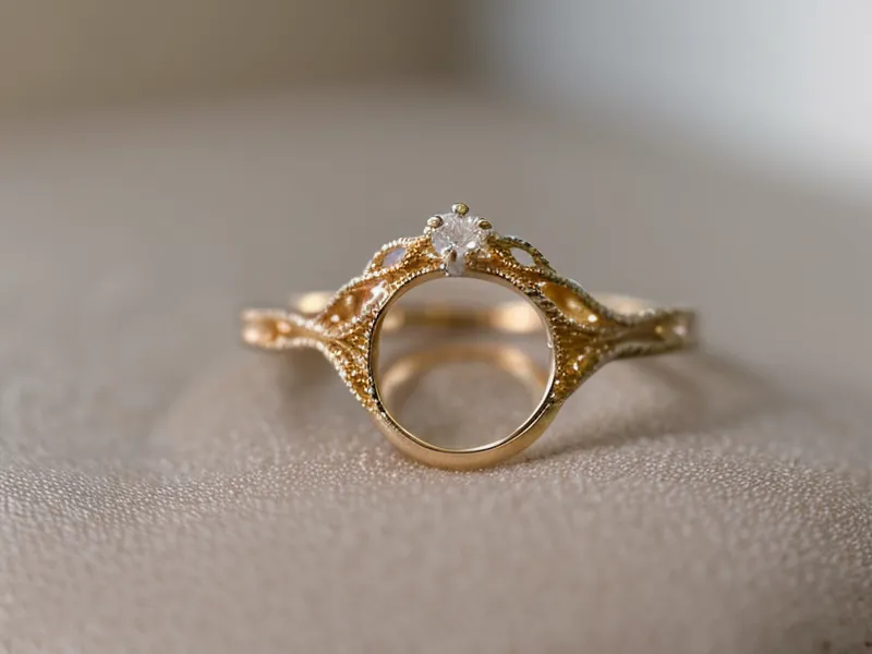 Close-up of a 14k gold hallmark stamped inside an engagement ring band