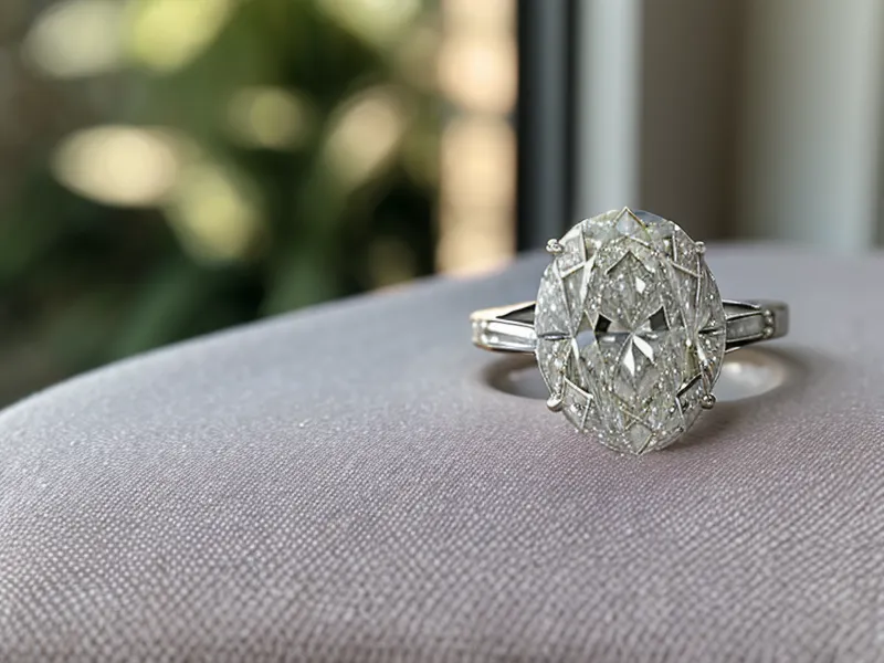 Cushion cut and round brilliant engagement rings side by side, comparing mall and online diamond buying options