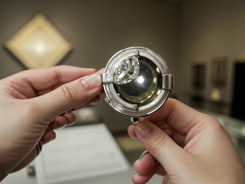 A person holding a jewelry receipt and a diamond loupe.