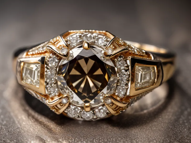 A jeweler's loupe next to a gold diamond ring on a wooden table, part of this diamond buying guide's jewelry store review