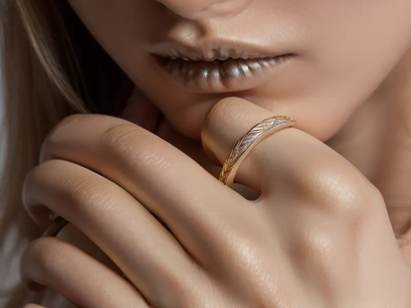 Macro shot of a 14k gold stamp inside an engagement ring band, from the Reeds Jewelers jewelry store review