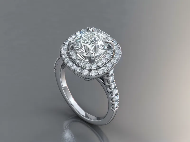 Side view of a hidden halo diamond ring on marble, the style featured in this engagement ring shopping review of Reeds Jewelers
