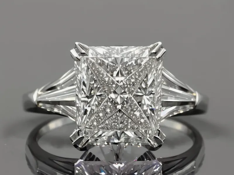 Princess cut diamond ring secured in a V-prong setting for corner protection