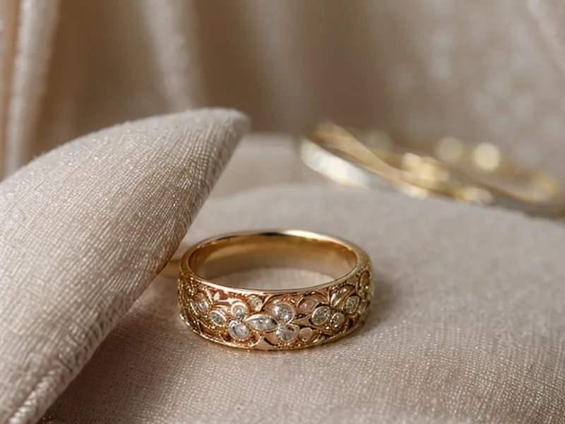 Rose gold wedding band next to a silver sculptural ring, an example of mixed metal jewelry pairing for brides