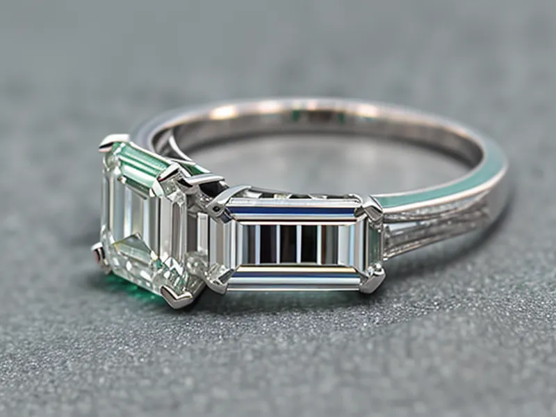 Emerald cut diamond on a thin-band engagement ring from Goodstone, macro view