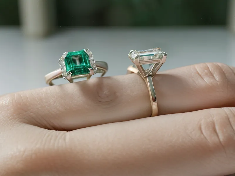 Jeweler's loupe held up to an emerald cut diamond during a clarity inspection