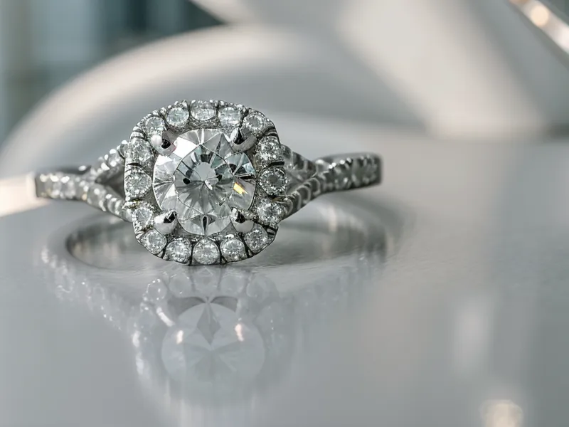 Side view of an engagement ring showing the hidden halo diamonds under the center stone.