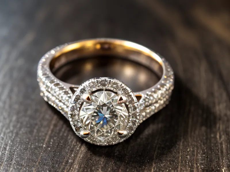 A large lab-grown diamond ring with a hidden halo setting on wood.