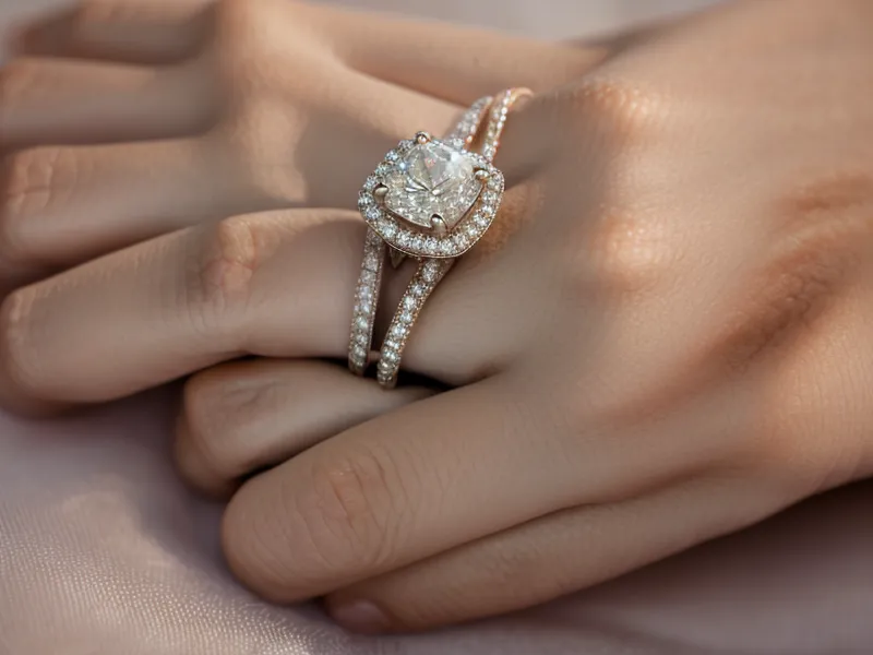 Detailed close-up of pavé diamonds in a hidden halo setting catching the light.